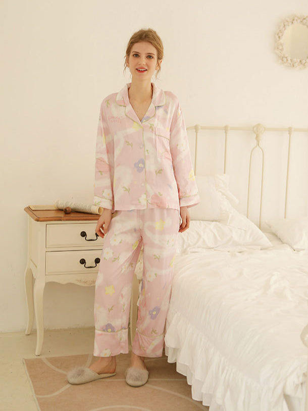 Satin Elegant Star Shawl Collar Long Sleeve Pajama Set