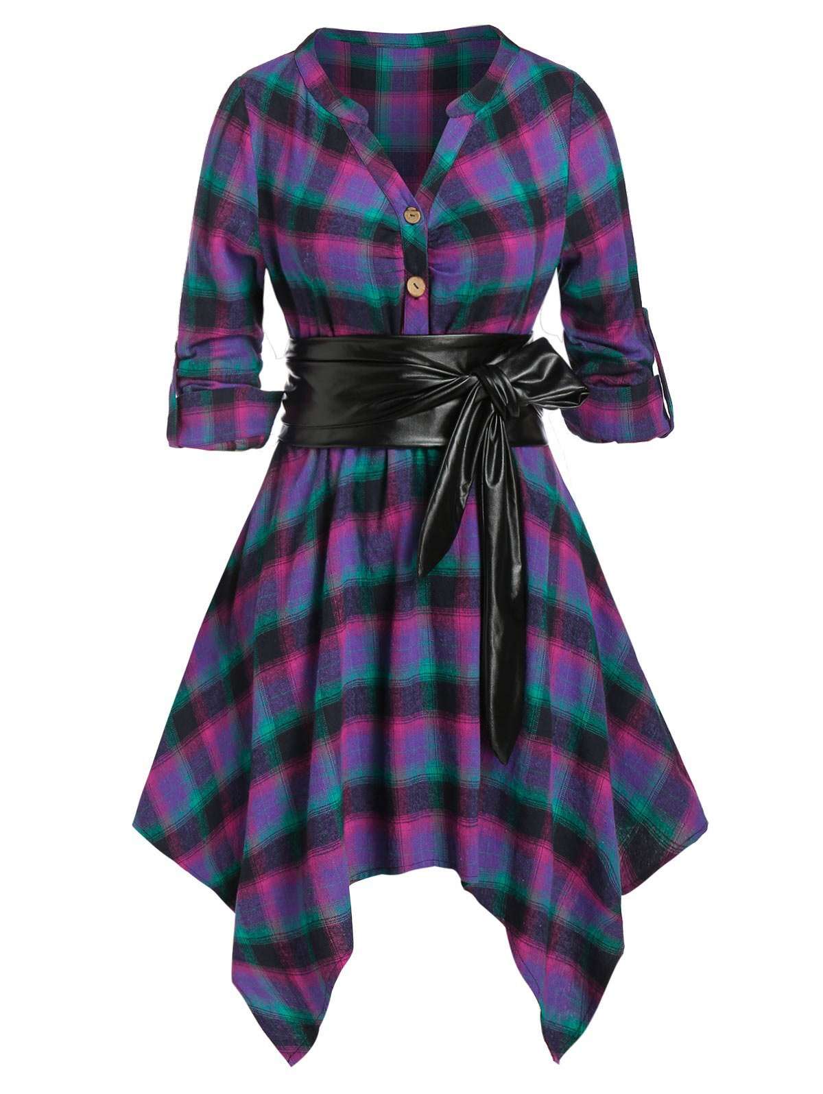 Plaid Belted Roll Tab Sleeve Handkerchief Dress