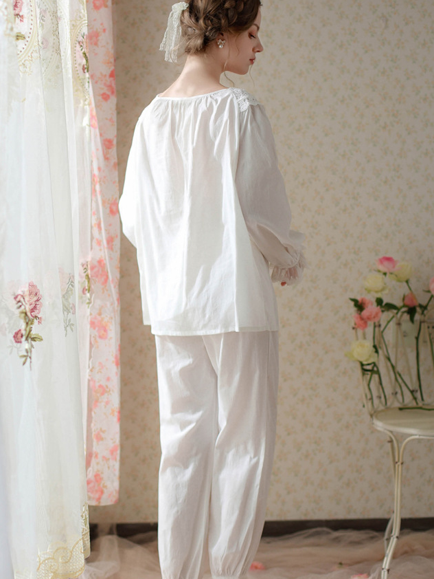 Elegant V Neck Loose Cotton Long Sleeve Pajama Set