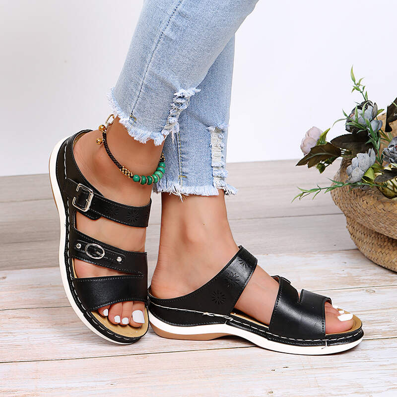 2022 New Arizona Leather Metal Buckle Platform Wedge Sandals