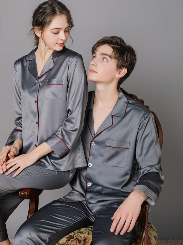 Ice Silk Plain Shawl Collar Casual Long Sleeve Couple Pajama Set