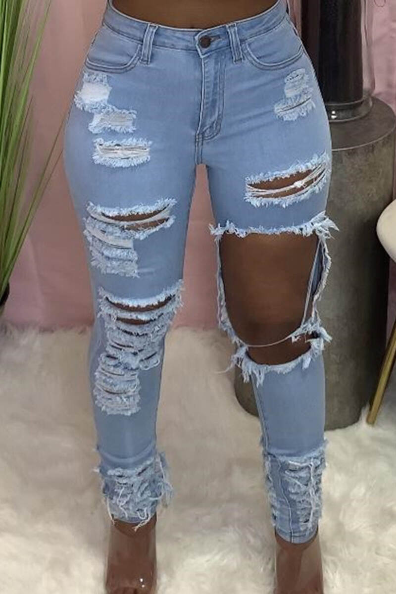 Light Blue Casual Solid Hollowed Out Patchwork Pocket Buttons Zipper Mid Waist Regular Denim Jeans