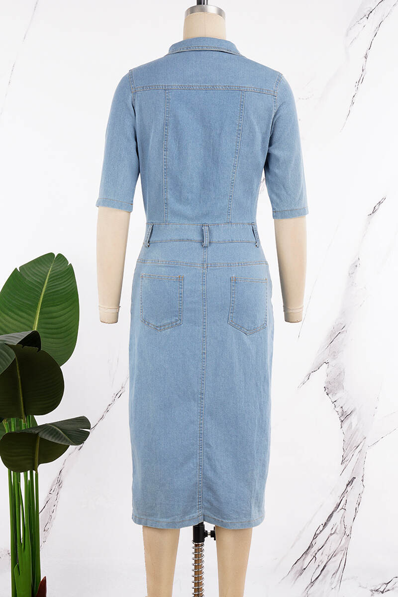 Light Blue Casual Solid Patchwork Turndown Collar Half Sleeve Denim Dresses