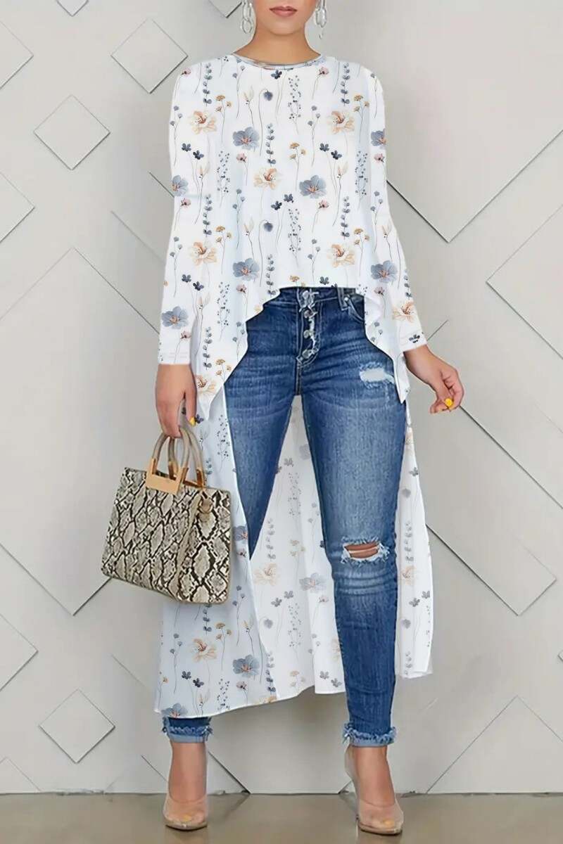 White Casual Print Asymmetrical O Neck Tops