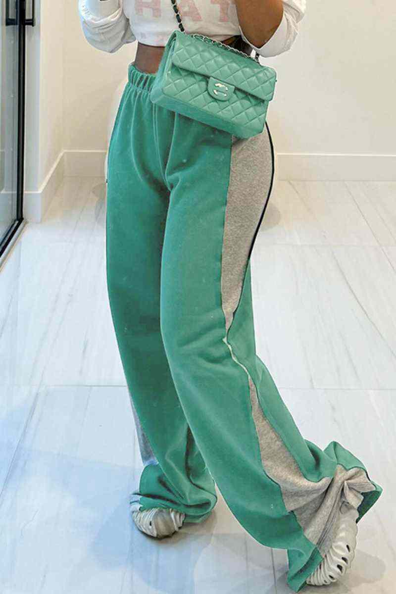 Green Casual Patchwork Contrast Regular High Waist Conventional Patchwork Trousers