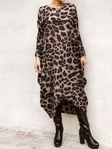 Women Casual Dresses | Leopard Print Long Sleeves O-neck Casual Dress - WQ71492