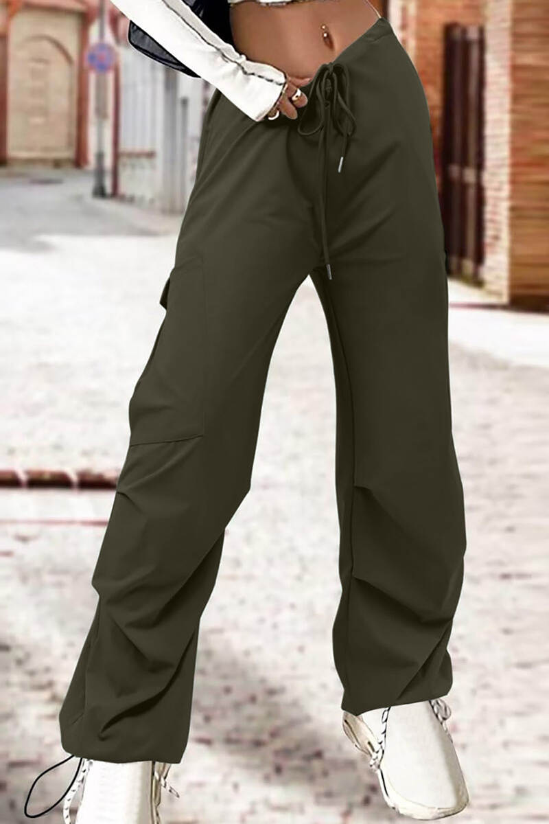 Army Green Street Solid Patchwork Draw String Pocket Straight High Waist Straight Solid Color Bottoms