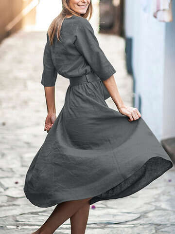 Women Vintage Dresses | Solid Pocket Crew Neck Half Sleeve Dress With Belt - XF29598