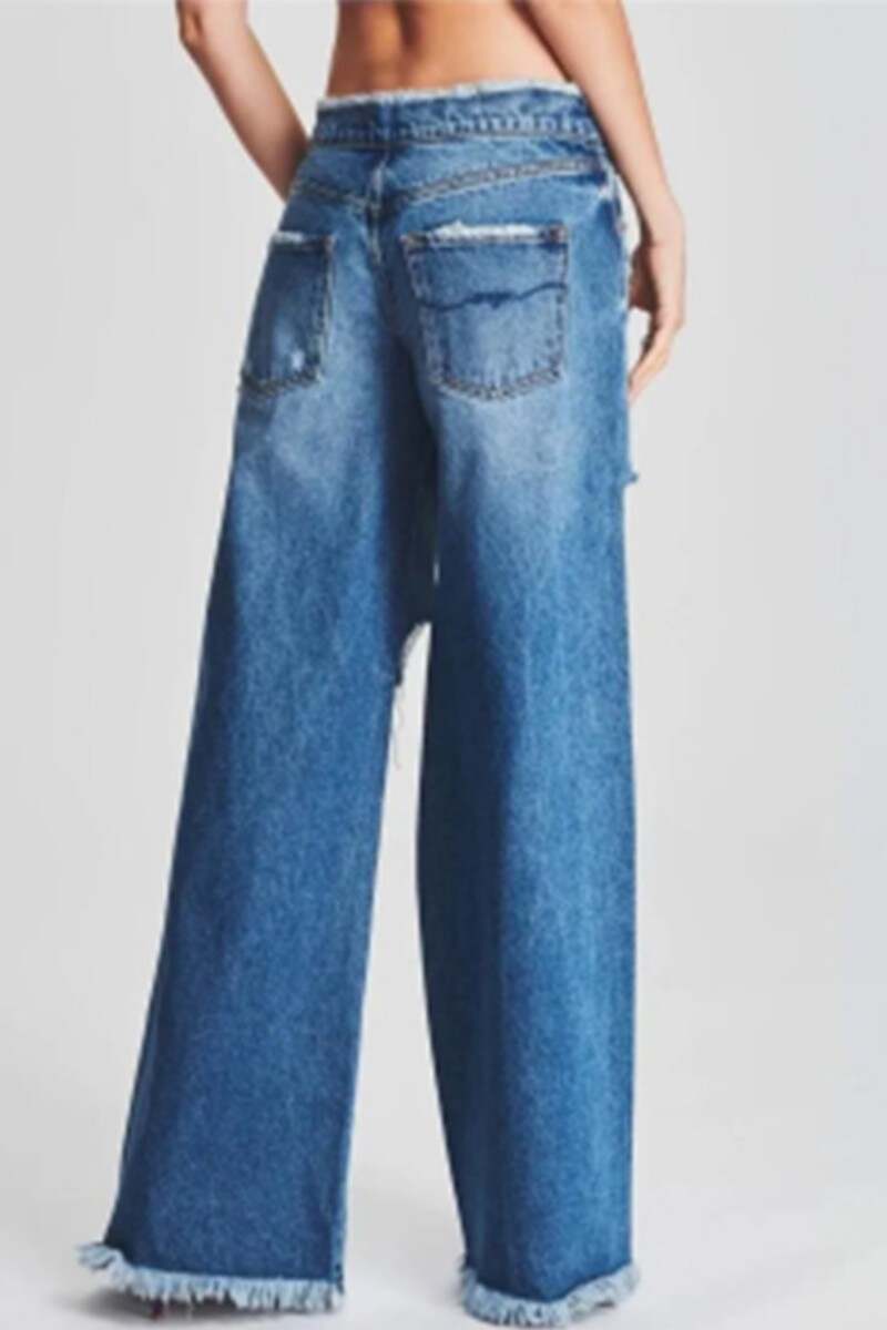 Deep Blue Casual Solid Ripped Patchwork Mid Waist Regular Denim Jeans (Subject To The Actual Object)