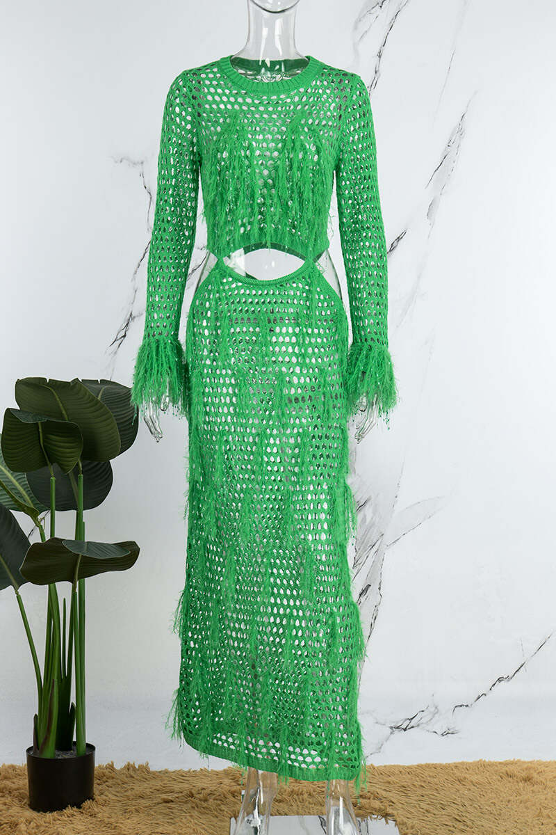 Green Sexy Solid Hollowed Out See-through O Neck Beach Dress Dresses