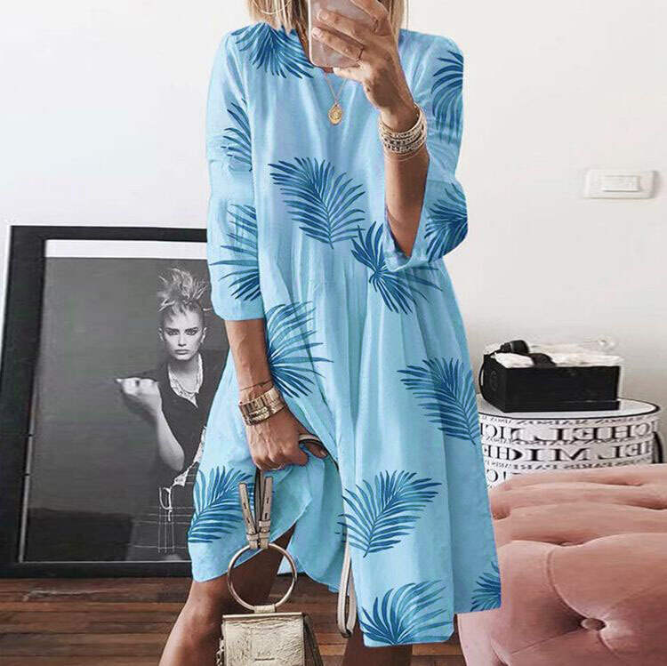 Plus Size Printed Round Neck Long Sleeve Dress