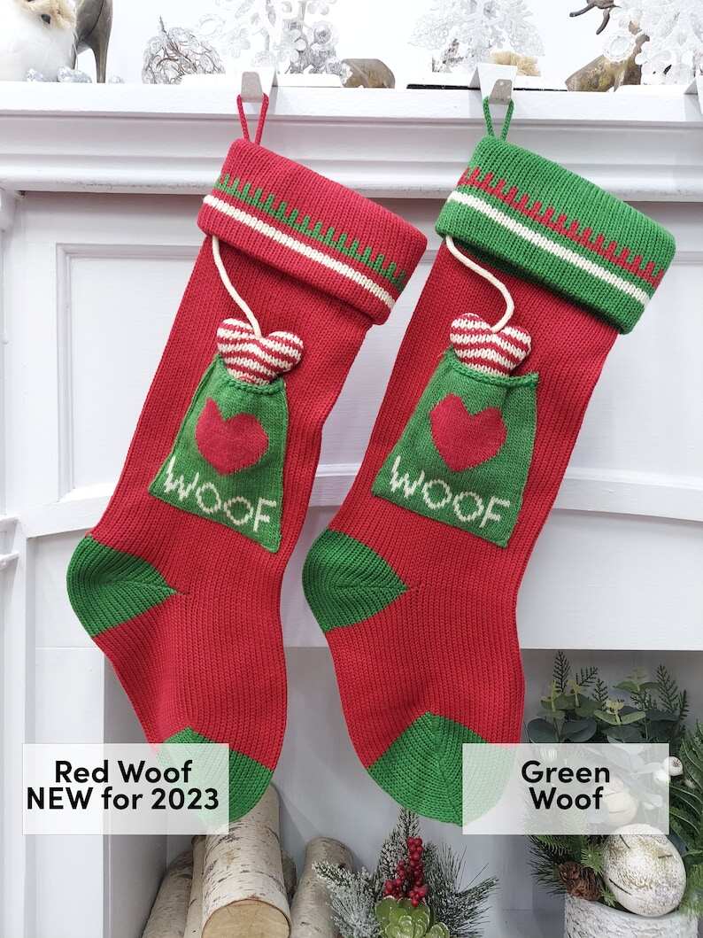 Knitted Christmas Stockings Red IVORY Green Fun Snowflake Family with Pets Cat Mouse Meow and Dog Bone Woof Knit Personalized Embroidered