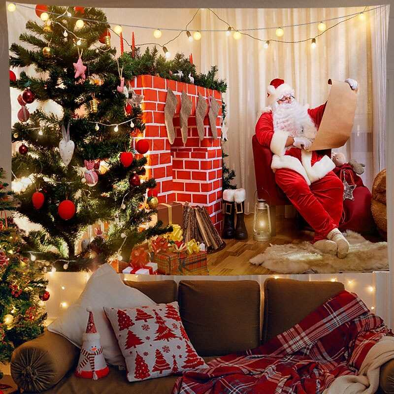 Christmas Decor LED Lights Wall Tapestry Santa Claus Christmas Tree Print