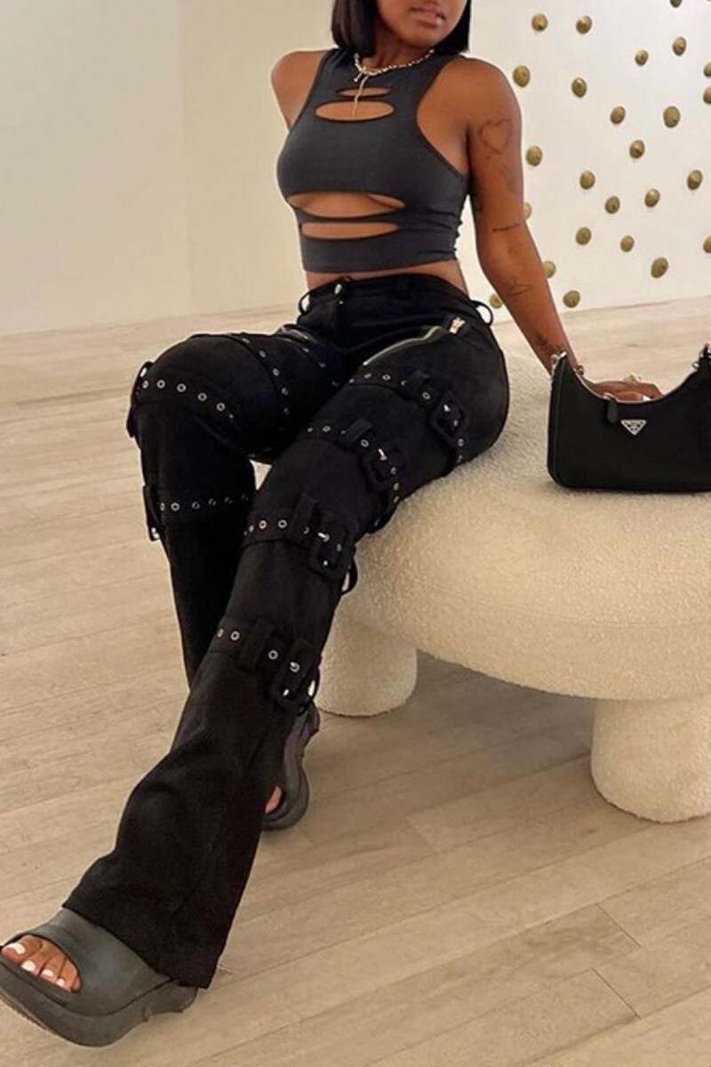 Black Casual Solid Patchwork High Waist Regular Denim Jeans