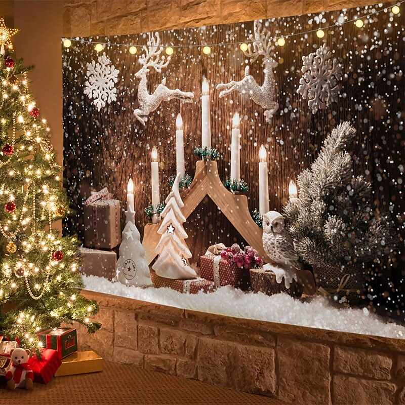 Christmas Decor LED Lights Wall Tapestry Snow Christmas Tree Print