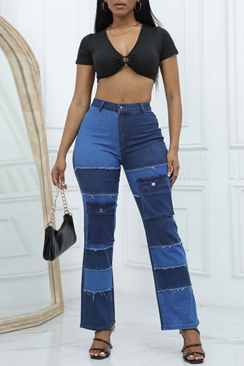 Blue Casual Patchwork Contrast High Waist Regular Denim Jeans