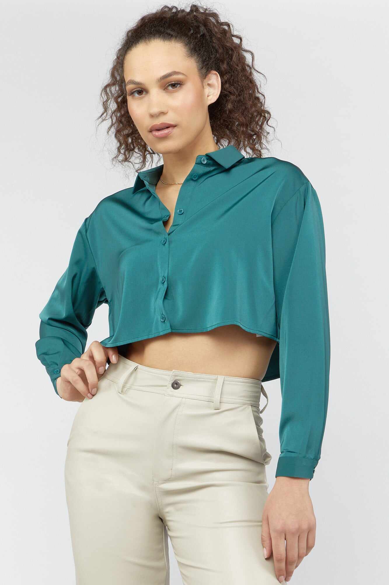 Women Apparel | Satin Button-Front Cropped Shirt Taupe Forever21 - LV97076