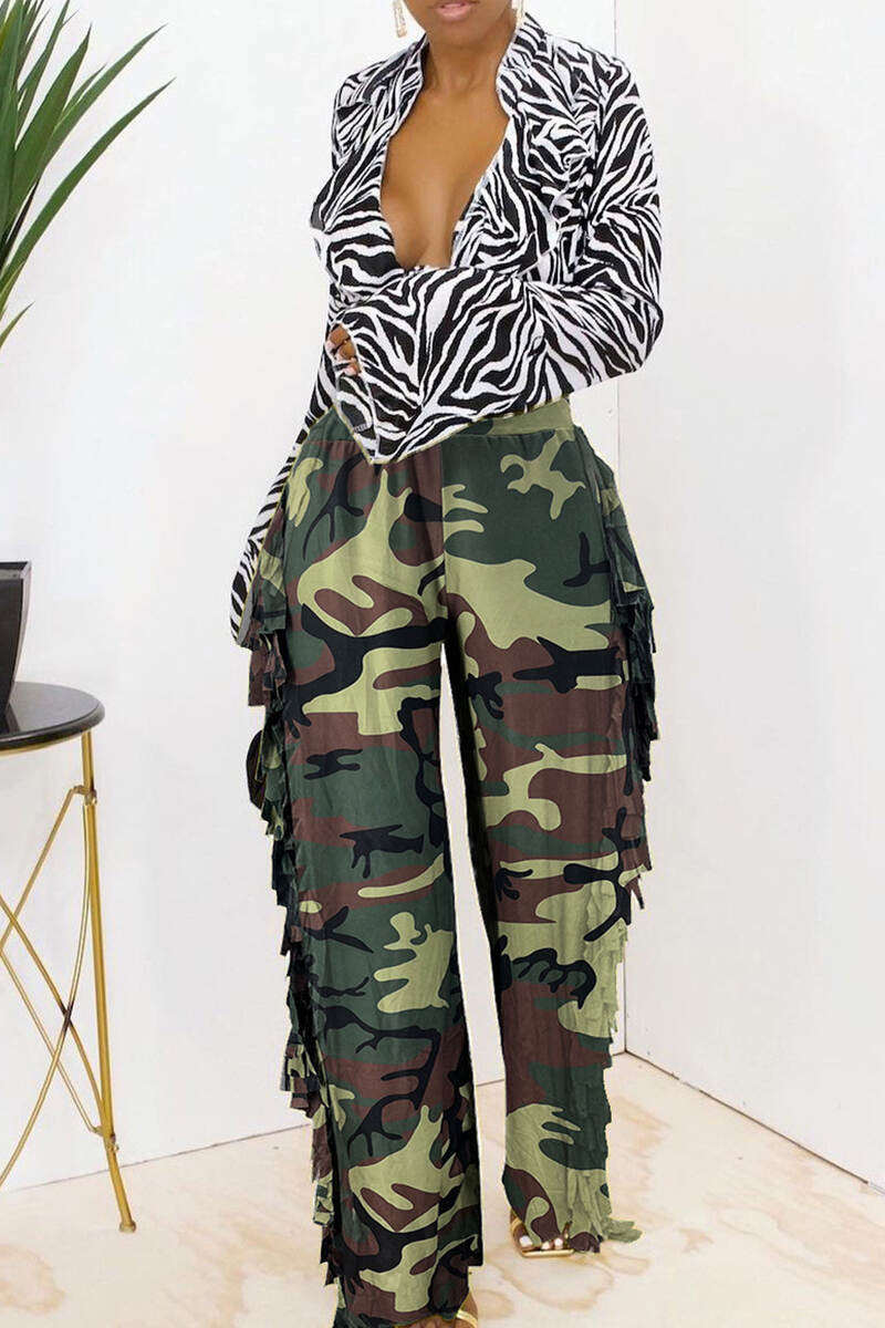 Camouflage Street Leopard Camouflage Print Tassel Patchwork Straight High Waist Straight Full Print Bottoms