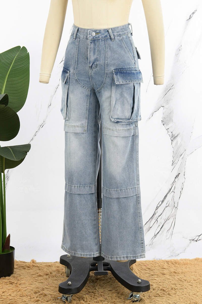 Blue Casual Solid Patchwork High Waist Regular Denim Jeans