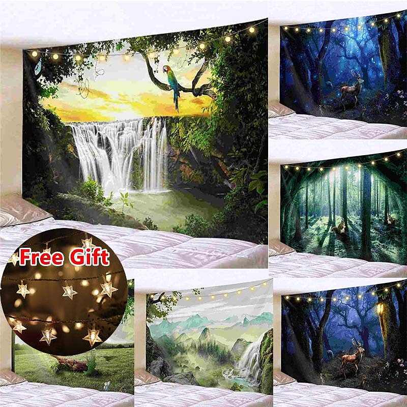 Landscape LED Lights Wall Tapestry Art Decor Forest Waterfall Print