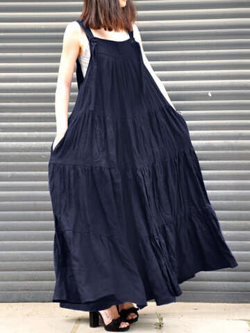 Women Casual Dresses | Solid Pleated Pocket Ruffle Knotted Casual Maxi Dress - TE03442