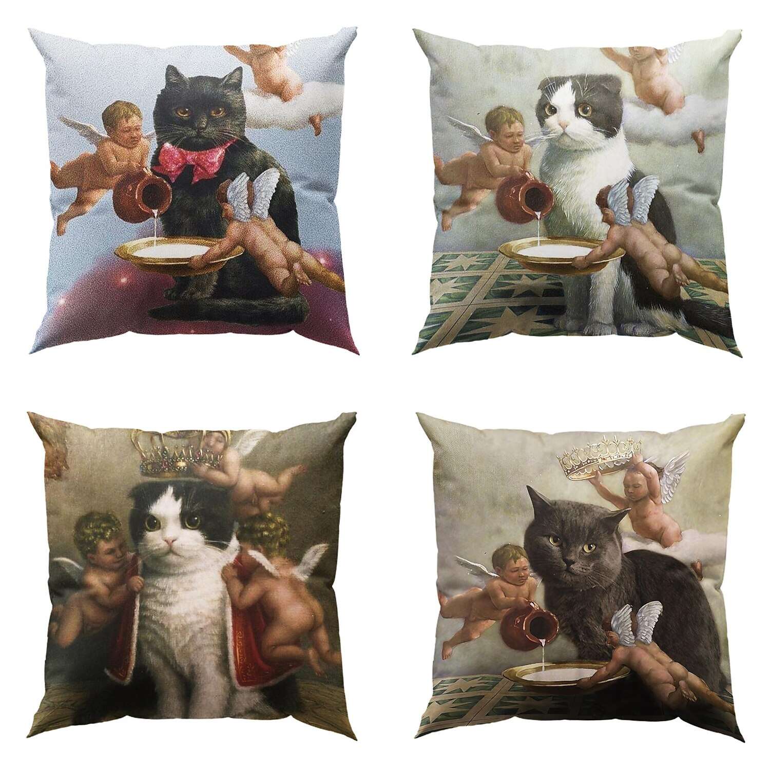 Funny Renaissance Cat Double Side Pillow Cover 4PC