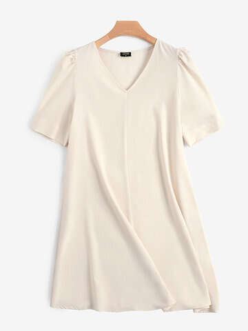 Women Casual Dresses | Elegant Solid Color Short Sleeve V-Neck Dress - IP41881