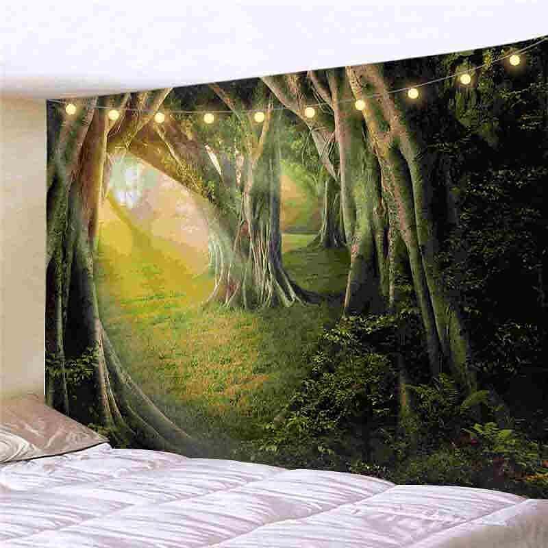 Landscape LED Lights Wall Tapestry Art Decor Forest Sunshine Print