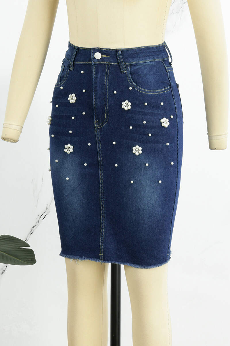 Dark Blue Casual Patchwork Pearl High Waist Regular Denim Skirts