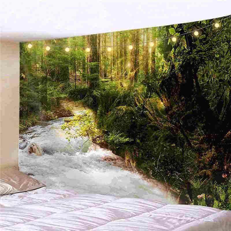 Landscape LED Lights Wall Tapestry Art Decor Forest River Tree Print