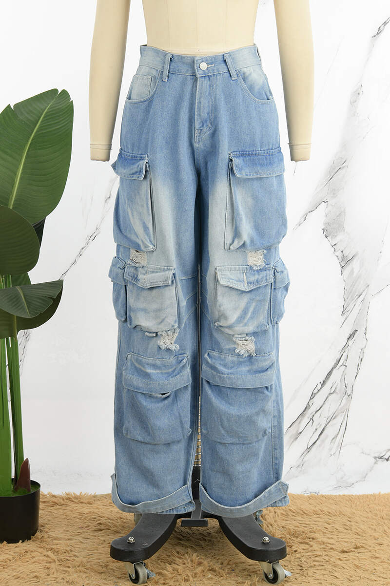 Light Blue Street Solid Ripped Patchwork Pocket Buttons Zipper Mid Waist Straight Denim Jeans