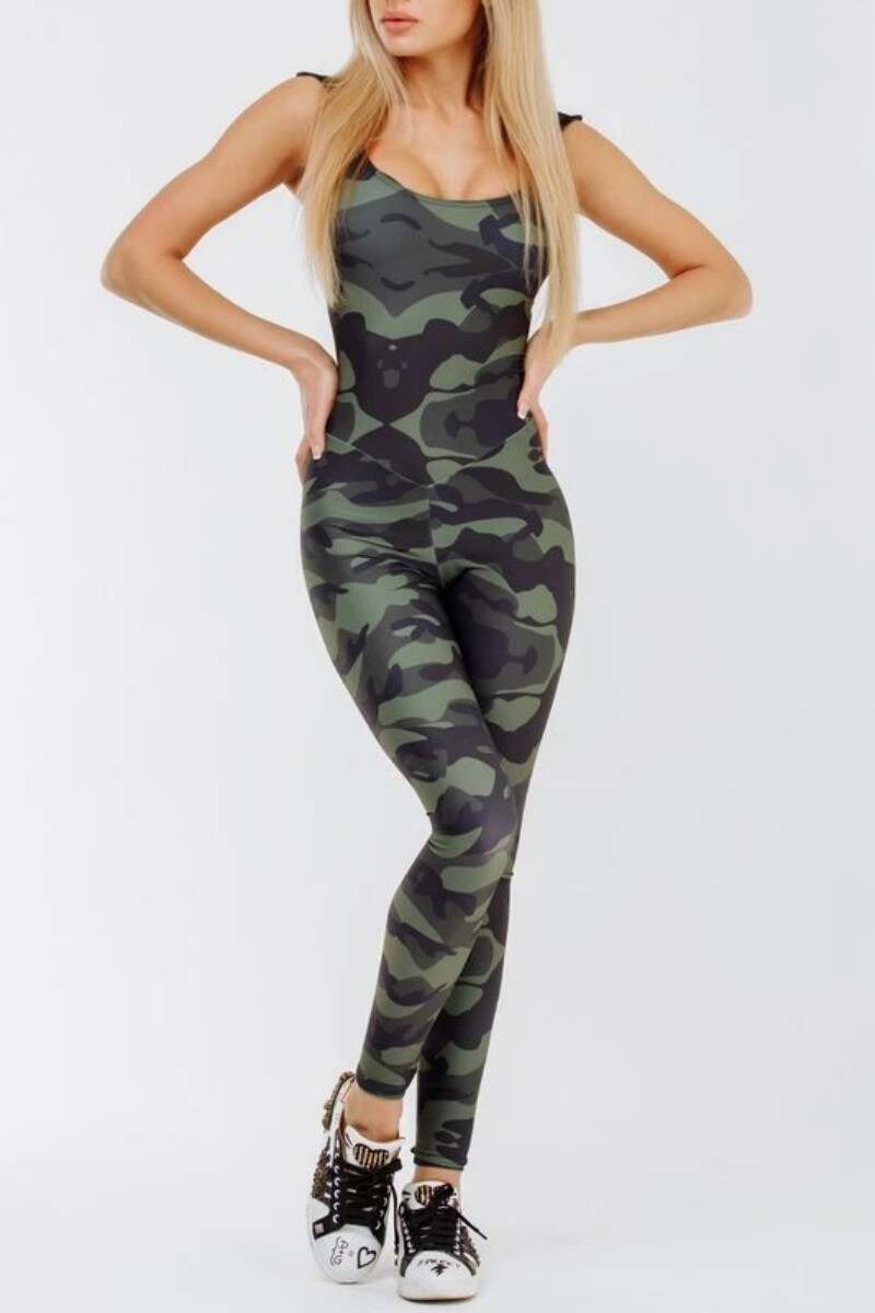 Camouflage Sexy Sportswear Camouflage Print Backless Hooded Collar Skinny Jumpsuits