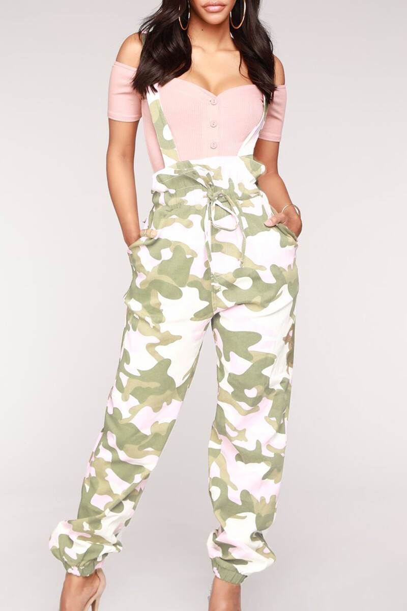 Pink Casual Camouflage Print Bandage Patchwork Buttons Regular High Waist Full Print Bottoms