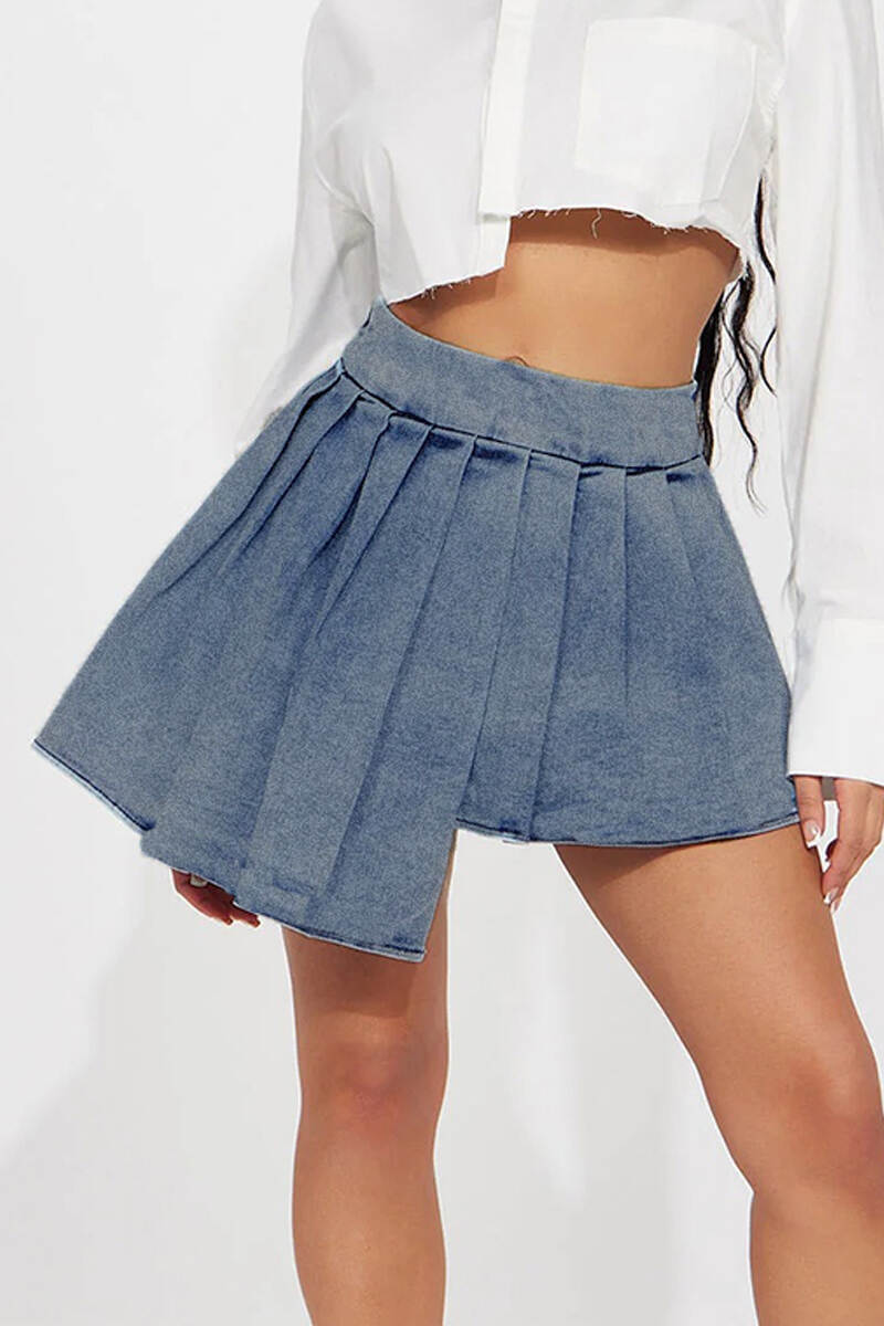 Sky Blue Casual Street Solid Make Old Patchwork Zipper Pleated Mid Waist Denim Skirts