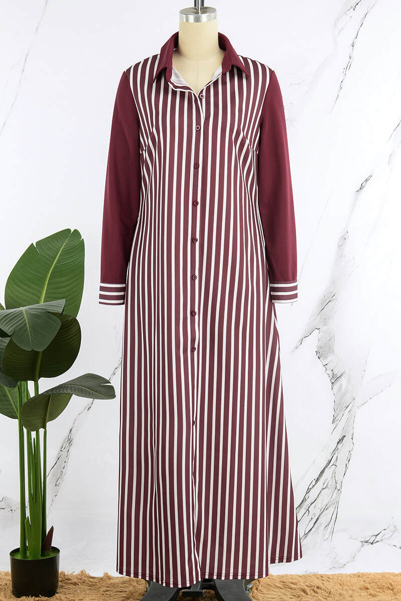 Red Casual Striped Print Patchwork Buckle Turndown Collar Shirt Dress Dresses