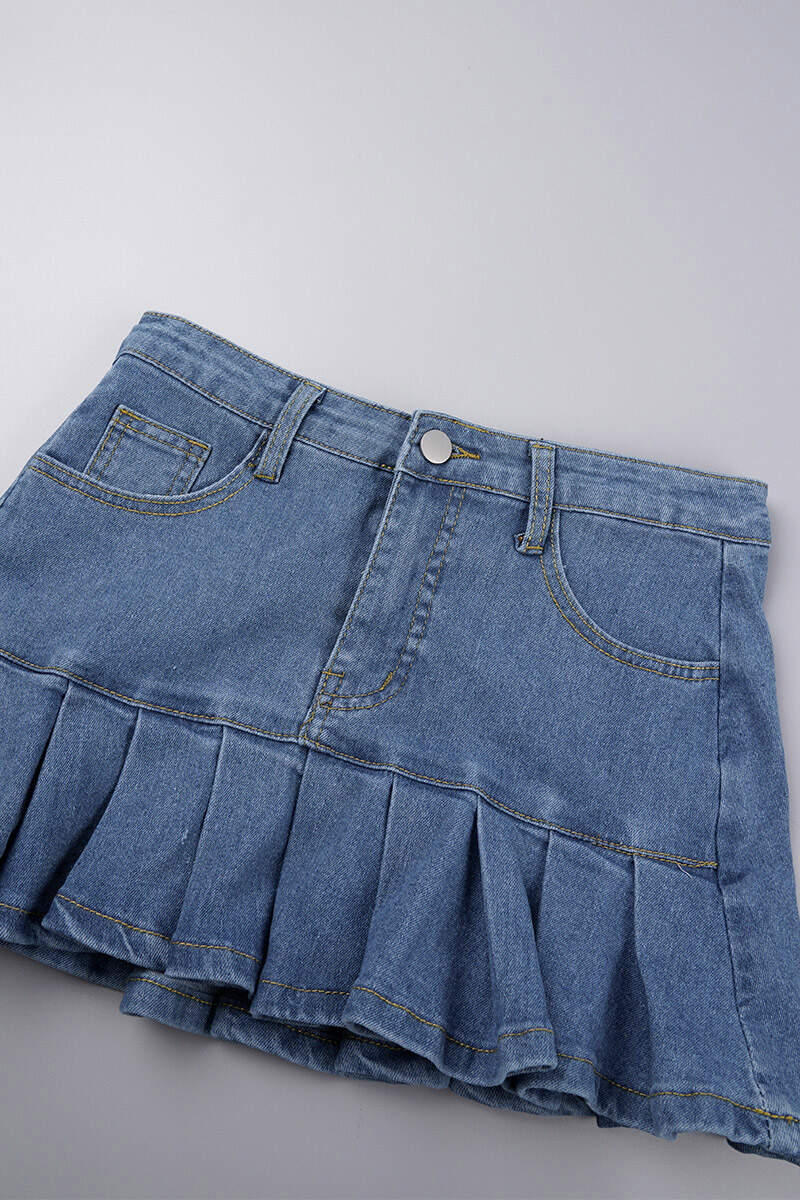 Light Blue Sexy Solid Patchwork Pocket Buttons Zipper Pleated Mid Waist Boot Cut Denim Skirts