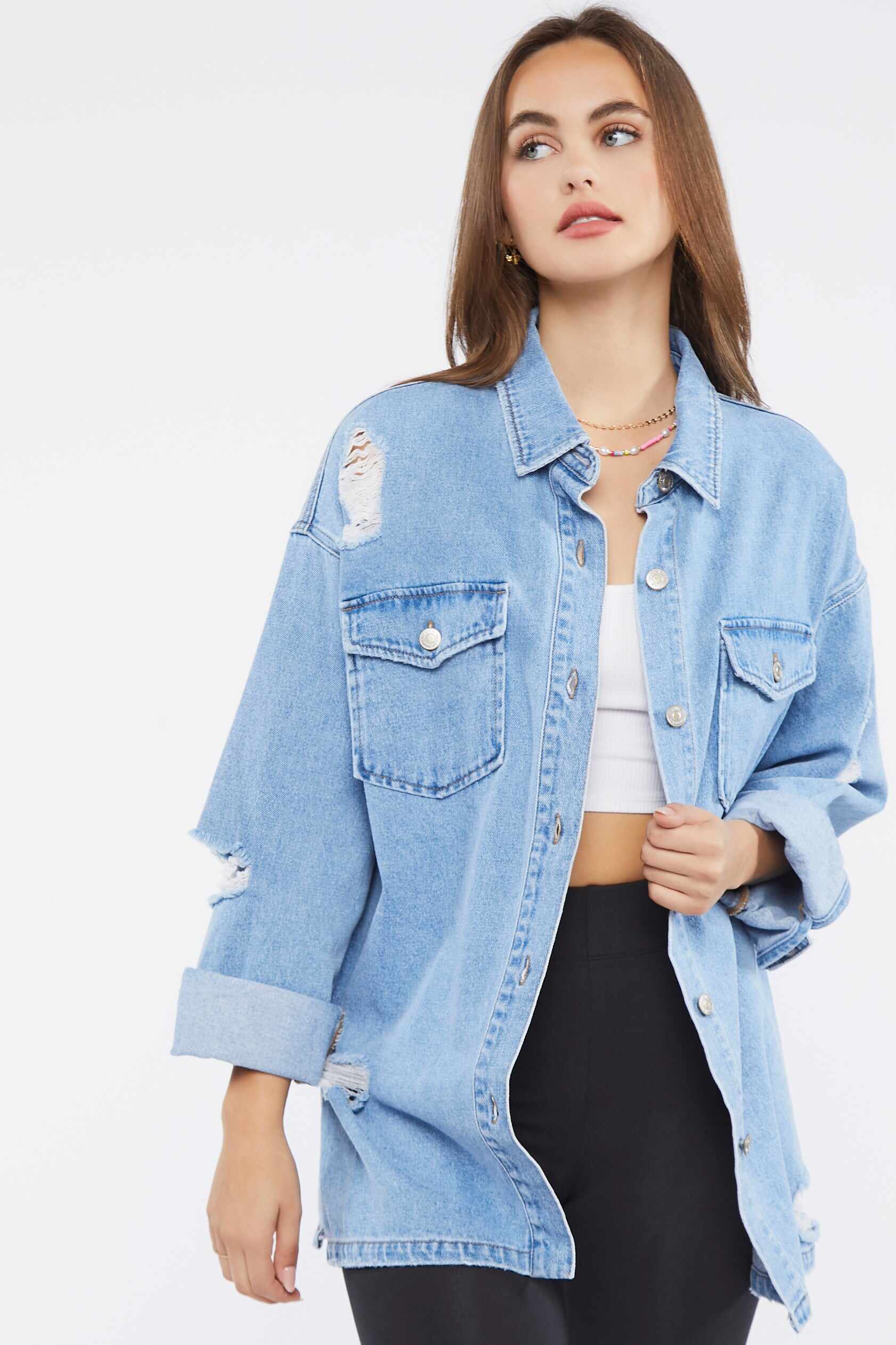 Women Apparel | Distressed Denim Shacket Black Forever21 - LK17173