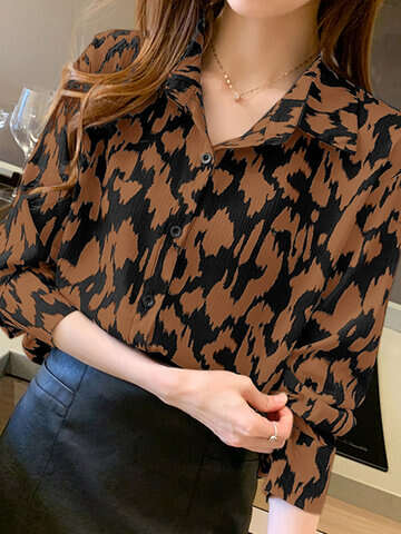 Women Blouses & Shirts | Women Print Long Sleeve Lapel Button Front Shirt - YP98412