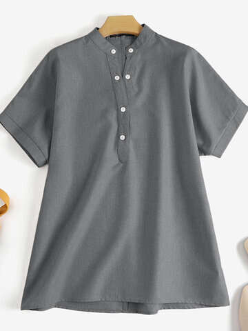 Women Blouses & Shirts | Solid Button Stand Collar Short Sleeve Loose Casual Blouse - CA67352