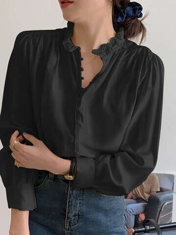 Women Blouses & Shirts | Solid Lace Stand Collar Button Long Sleeve Blouse - TC66765