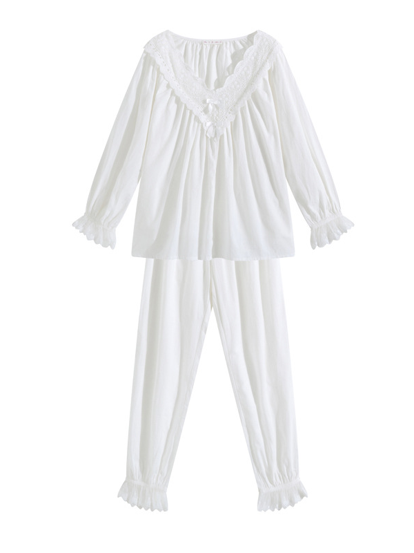 Elegant V Neck Loose Cotton Long Sleeve Pajama Set