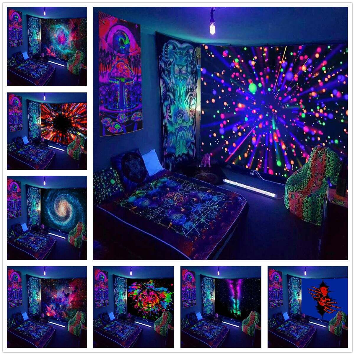 Black Light UV Reactive Star Lion Wall Tapestry Hanging Cloth