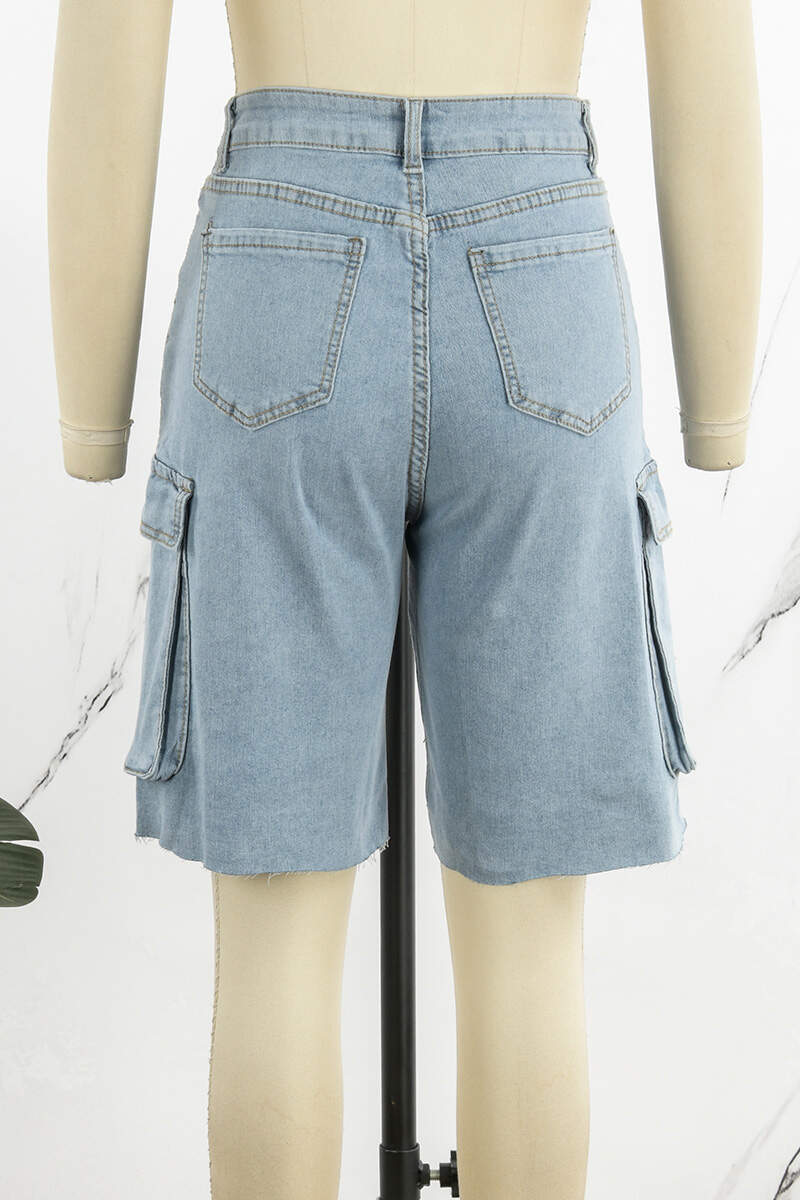 Light Blue Casual Solid Patchwork Pocket Buttons Zipper High Waist Straight Denim Shorts(No Belt)