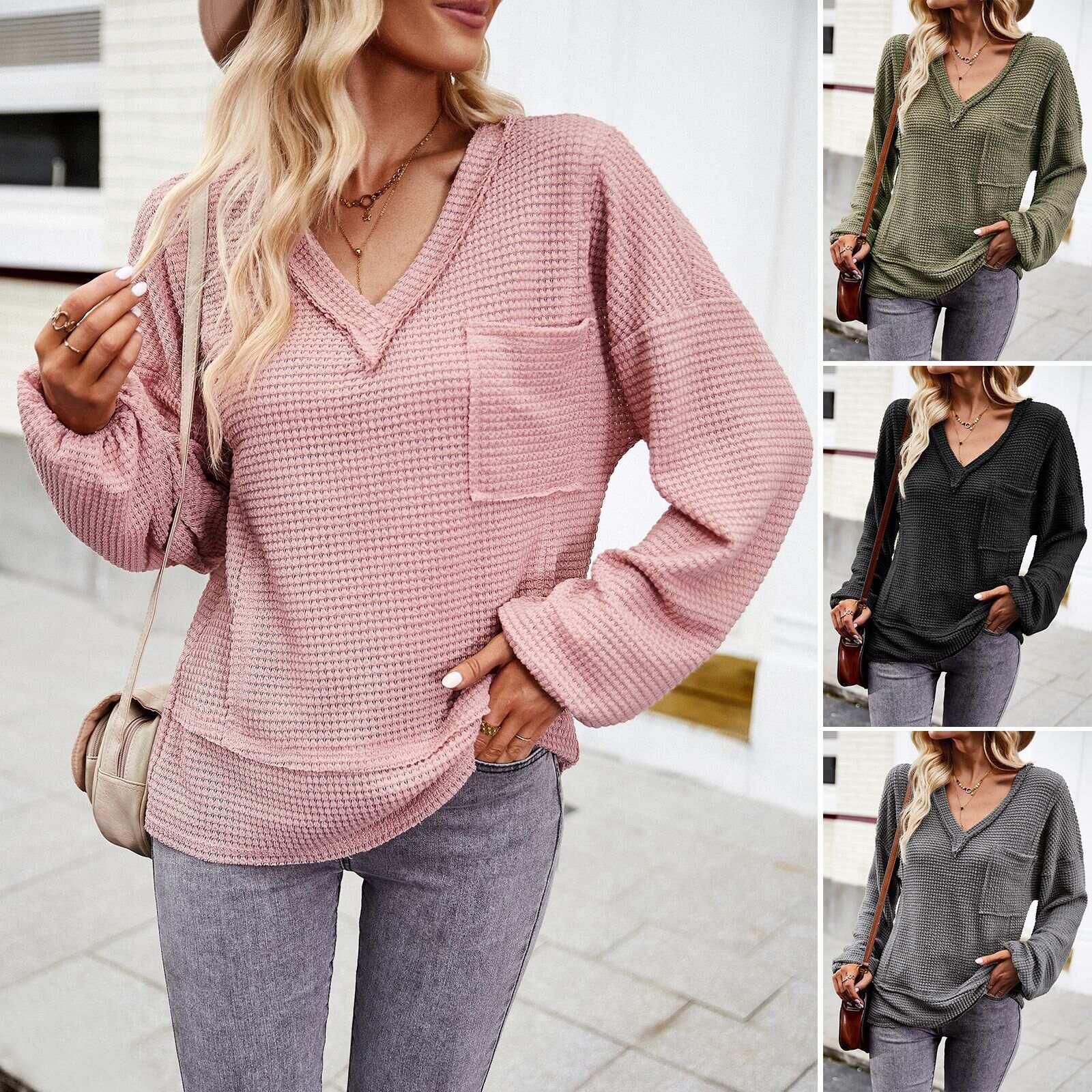 The latest women's long-sleeved V-neck knitted shirt top, warm, comfortable and easy to clean - Buy 3 and get free shipping