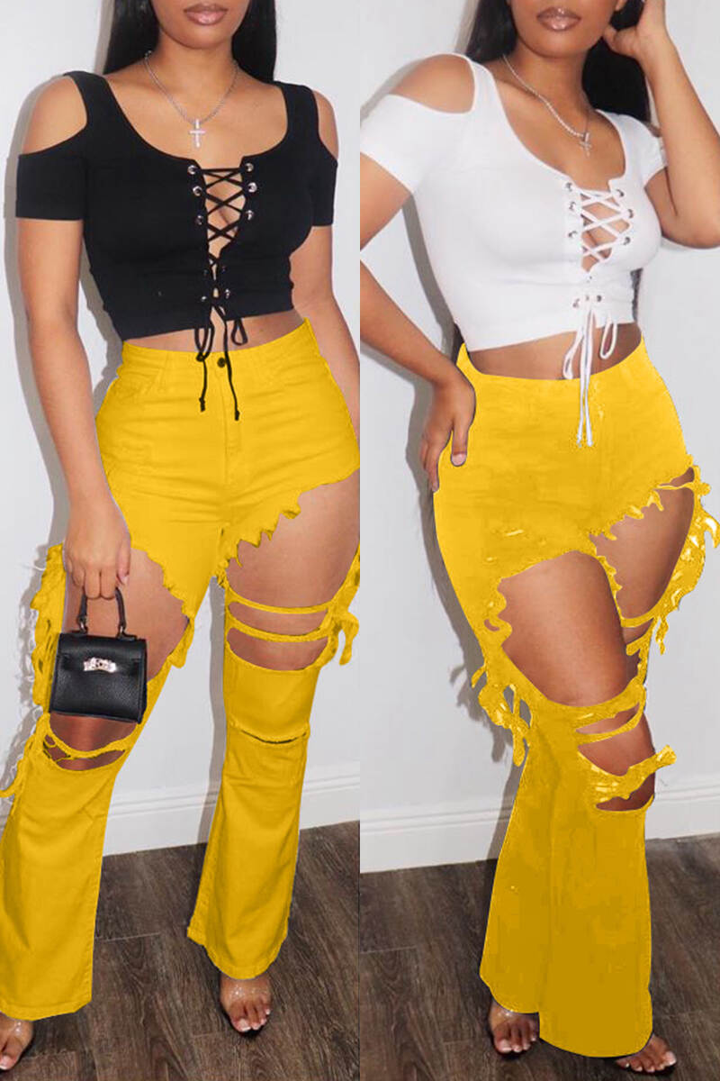 Yellow Casual Solid Tassel Ripped Mid Waist Skinny Denim Jeans