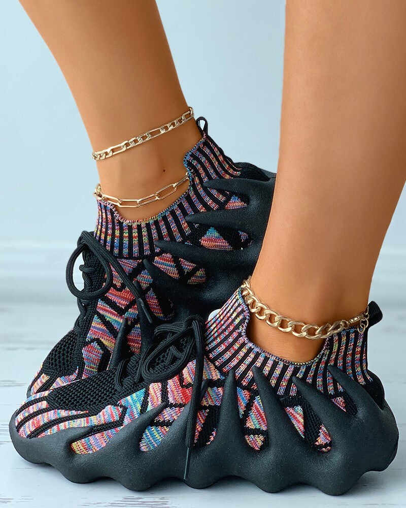 Colorblock Lace-up Knit Breathable Sneakers