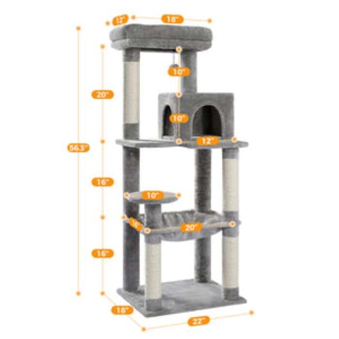 56.3-inch high indoor cat tree, multi-level cat tower with oversized hammocks, covered with sisal scratching posts, comfortable apartment