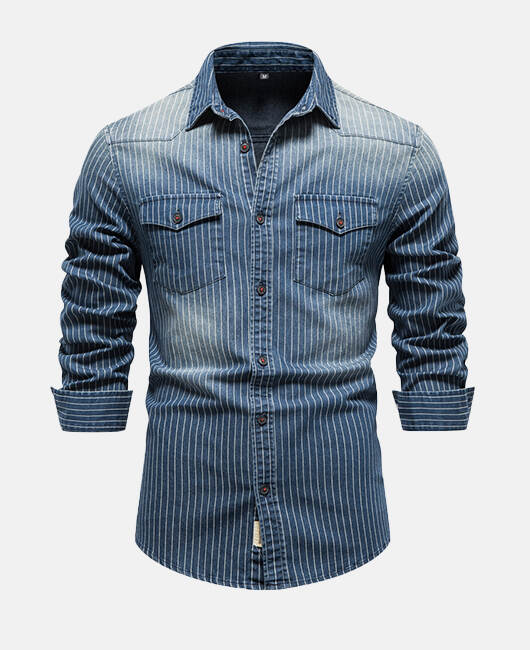 Casual Vertical Stripe Light Washed Long Sleeve Button Slim Fit Shirt