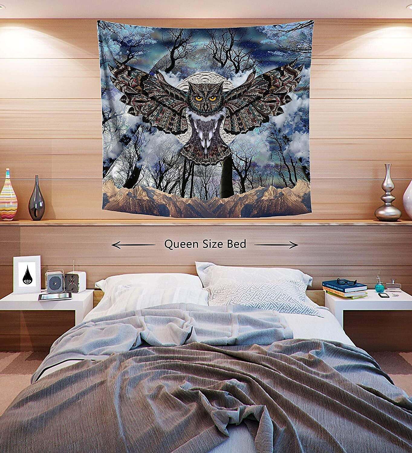 Trippy Owl Wall Tapestry Art Decor Wall Hanging Dark Forest