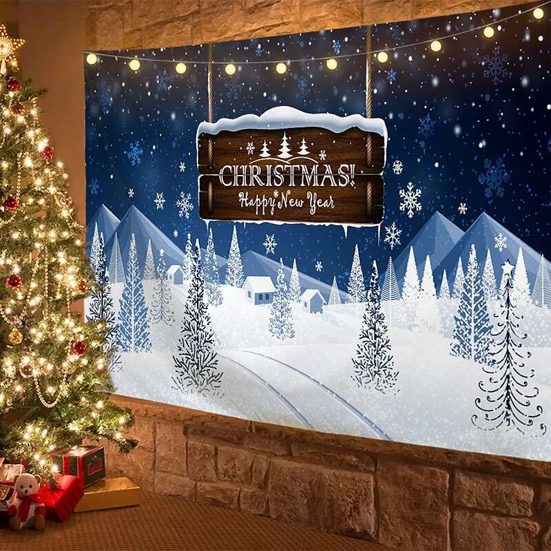 Christmas Decor LED Lights Wall Tapestry Snow Forest Christmas Tree Print